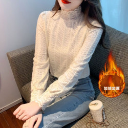 半高领长袖秋冬磨毛加绒保暖女装洋气小衫蕾丝打底衫女2025新款
