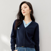 初语 春秋休闲百搭短款针织衫女假两件v领上衣外套长袖8433804