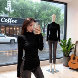 韩货开叉长袖T恤女秋冬修身显瘦半高领加厚双面德绒打底衫上衣女