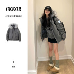 CKKOR冬季新款加厚保暖毛领棉服女美式工装风复古休闲棉衣外套女