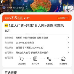 美团 北京环球影城成人门票1日 入园无限次游玩+可约酒店1晚 315元