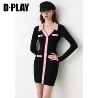 D·PLAY DPLAY黑粉撞色针织连衣裙女翻领修身长袖包臀法式毛织裙2026秋季