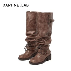 DAPHNE LAB 黄婷婷同款DAPHNELAB方糖骑士靴26秋冬棕色长筒靴厚底靴子女