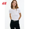 H&M 女装T恤2025年春季宽松简约舒适休闲棉质汗布罗纹T恤1260556 白色 L 170/104