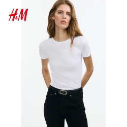 H&M 女装T恤2025年春季宽松简约舒适休闲棉质汗布罗纹T恤1260556 白色 L 170/104