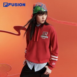 FILA FUSION斐乐潮牌龙年新年连帽卫衣女款春季时尚红色帽衫