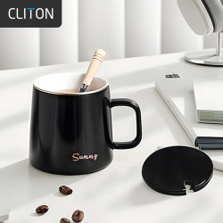 CLITON 陶瓷马克杯大容量带勺盖咖啡杯牛奶杯早餐杯办公杯茶杯黑色350ml 雅黑陶瓷马克杯-带勺盖350ml