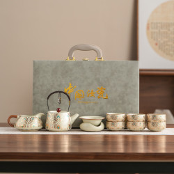 茉舟 汝窑茶具套装轻奢泡茶专用整套金银错敦煌故宫文创送长辈领导 黄汝敦煌凤翎盖碗礼盒装