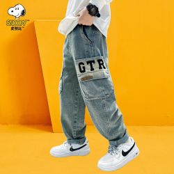 史努比 秋款男孩牛仔裤长裤2026新款中大儿童直筒宽松休闲工装裤子