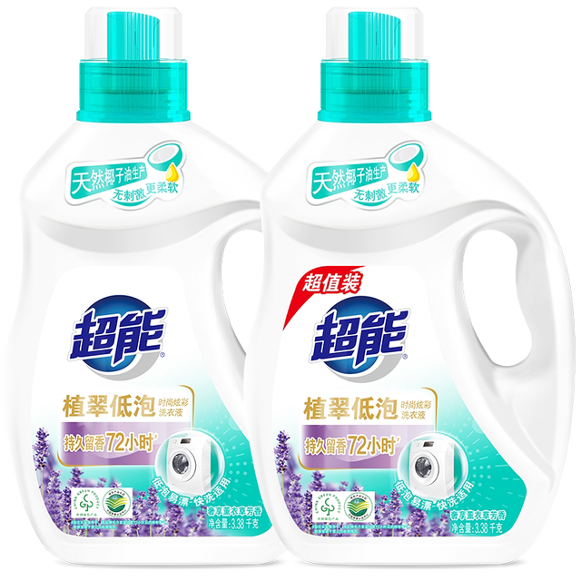 淘金币可用、88VIP：超能 植翠低泡洗衣液3.38kg*2瓶（13.52斤）薰衣草香