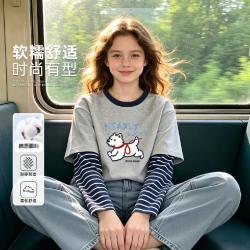 Five Plus 女童长袖T恤春秋季女大童假两件条纹打底衫儿童秋装