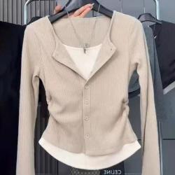 莫代尔 休闲复古长袖大码t恤女春秋季假两件正肩体恤遮肉显瘦上衣打底衫