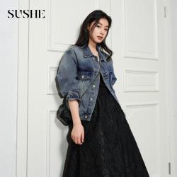 束皙 经典复古翻领短款独特宽松牛仔外套女秋