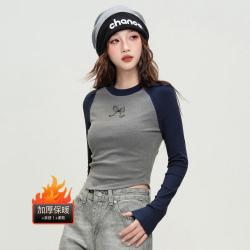 ilovechoc 蝴蝶结印花辣妹德绒打底衫秋季款圆领时尚插肩袖短上衣