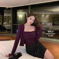 岛歌夫人 紫色吊带配开衫外套两件套女韩系早春穿搭套装薄款