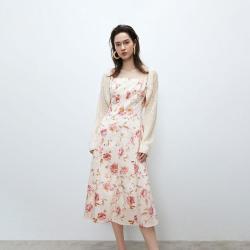 ONLY 秋季镂空针织罩衫碎花吊带中长款连衣裙女