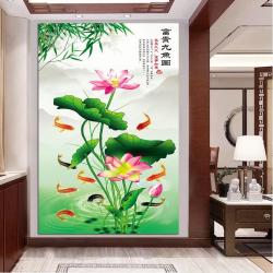 荷花九鱼图风水招财装饰画客厅餐厅墙面挂画玄关贴画壁画A16
