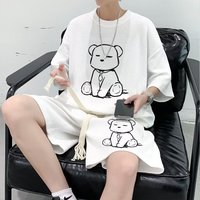 小熊t恤男士夏季潮牌宽松大码短袖短裤篮球服一套华夫格运动套装