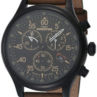 Timex 男士探险者系列复古计时手表 43mm 防水盘 黑棕色皮表带