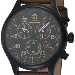 Timex 男士探险者系列复古计时手表 43mm 防水盘 黑棕色皮表带