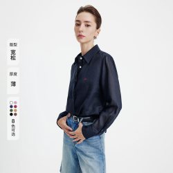 navigare 小帆船老钱风女装棉麻衬衫藏蓝色苎麻长袖衬衣