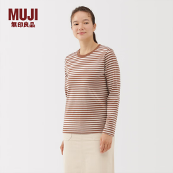 無印良品 MUJI 女式 天竺编织 长袖T恤上衣打底衫女款内搭女装冬季女士 深咖啡色条纹