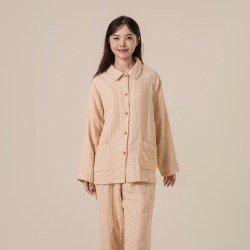 宜色家 宜色一家秋款小暖流100%全棉四层纱睡衣女纯棉加厚情侣家居服套装