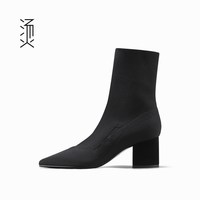 移动端：烫 社交女鞋黑色弹力布面袜子靴尖头粗高跟中筒秋冬通勤针织短靴女