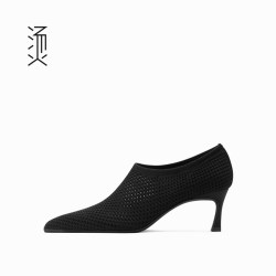烫 社交女鞋黑色针织弹力布尖头深口中高跟春夏透气百搭细跟女单鞋