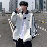 月伊纺 开衫卫衣男士秋冬宽松潮流拼接立领休闲外套青年重磅三道杠棒球服
