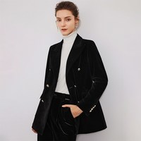 navigare 意大利小帆船黑色中长款西服金丝绒西装外套女