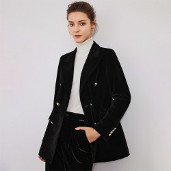 navigare 意大利小帆船黑色中长款西服金丝绒西装外套女