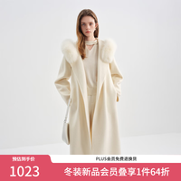 范思蓝恩 狐狸毛领连帽 双面羊毛呢大衣 奶白色 XXS