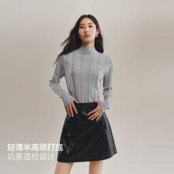 太平鸟 羊毛桑蚕丝打底针织衫冬季竖条纹显瘦半高领毛衫