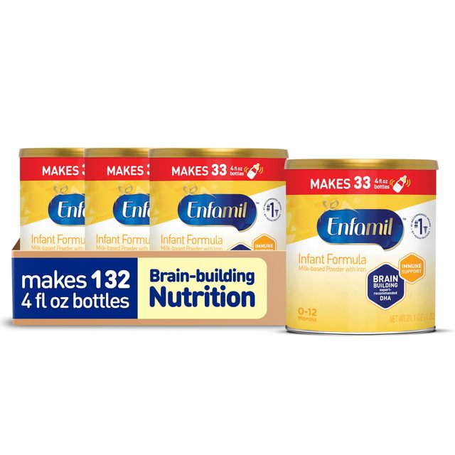 Enfamil 婴儿配方奶粉,牛奶基婴儿配方奶粉含铁,omega-3 DHA 和胆碱,粉末罐,21 盎司(4 件装)