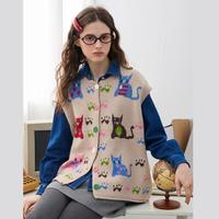 a02 彩色小猫复古单排扣外搭针织上衣2025春秋宽松休闲女式马夹