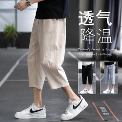 月伊纺 2026夏季冰丝宽松100%纯棉短裤男士宽松百搭棉麻七分裤青年直筒裤