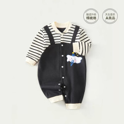 婧麒 婴儿衣服春秋假两件条纹背带裤外出服洋气连体男女宝宝秋季-ds 长鼻象