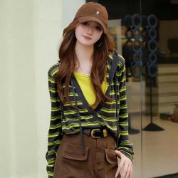 OopsCiah 条纹假两件连帽针织衫女2026秋季新款美式复古风撞色长袖上衣