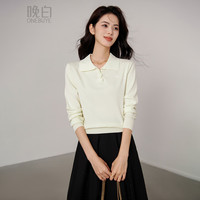 晚白 休闲风Polo翻领针织衫 女士扭花扣半开襟短款套头毛衣