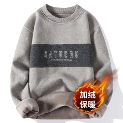 男士新款加绒加厚宽松圆领毛衣2023秋冬季加厚一体绒休闲保暖上衣