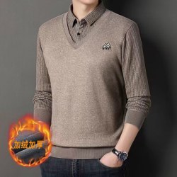 毛衣男士秋冬季假两件衬衫领时尚加绒加厚休闲保暖百搭打底衫长袖