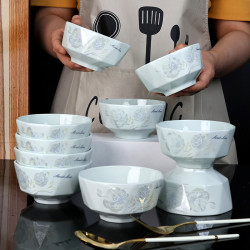 孟垣 影青瓷甜蜜蜜4.5英寸米饭碗10个装加厚防烫牡丹花碗欧式吃饭碗