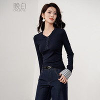 晚白 温柔格纹拼接长袖T恤 女士小个子短款显瘦打底上衣