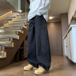 卡帝兽 vintage弯刀牛仔裤男春秋青少年复古阔腿裤子宽松直筒水洗工装裤