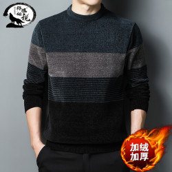 中年爸爸装加绒加厚中老年人男士冬季保暖圆领针织衫毛衣打底衫男
