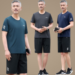 爸爸装夏装套装时尚中老年人男装老爸速干衣中年男士冰丝短袖t恤