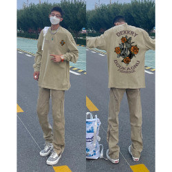 设计感创意花卉字母印花长袖纯棉t恤男oversize早秋季上衣