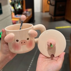 绿淘优选 可爱软萌陶瓷杯家用带盖带勺创意马克杯耐高温办公室咖啡牛奶杯