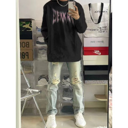 牌设计感字母印花纯棉长袖T恤男oversize初秋宽松情侣上衣